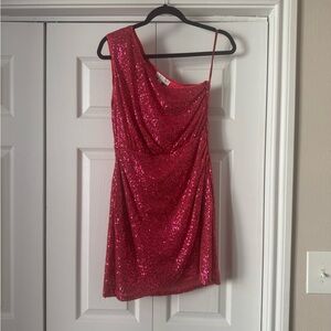 She + Sky Fuchsia Sequin One-Shoulder Dress